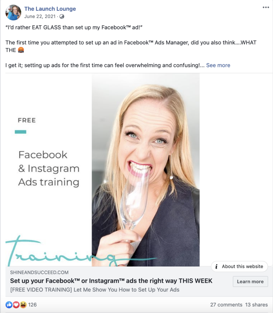 The Launch Lounge Facebook ad example advertising a Facebook Ads Free Course