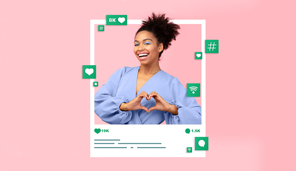 Collage with young black woman making heart gesture in photo frame